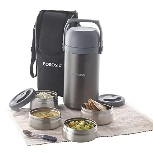 Borosil Hot-N-Fresh 4-Container Insulated Stainless Steel Lunch Set – Grey 1