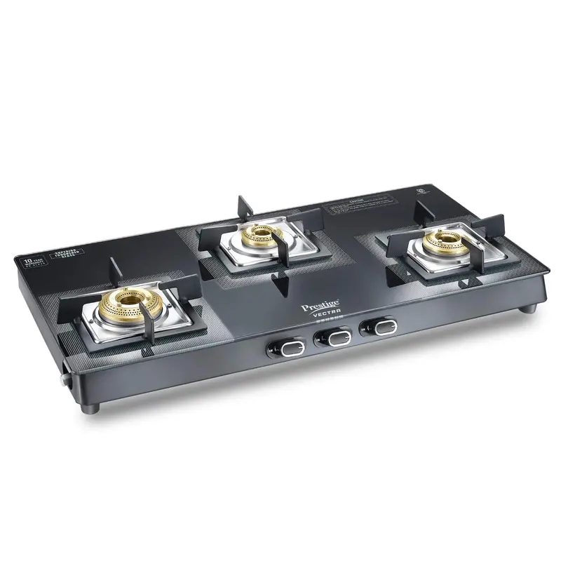 Prestige Vectra 3-Burner Glasstop Gas Stove – Reinforced Glass Top Featuring One Jumbo Brass Burner 1